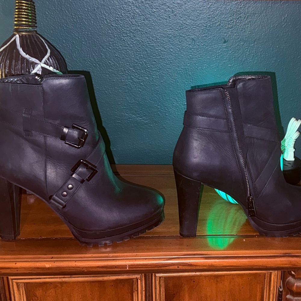 All Saints Black High-Heel Ankle Boots with Buckle Detail